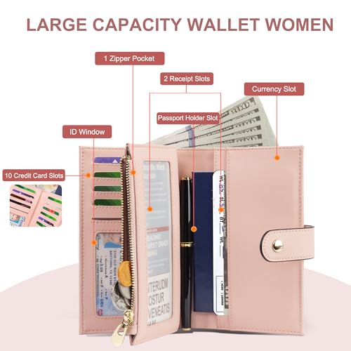 yiijay Womens Wallet RFID Blocking Leather Trifold Clutch Wallet Credit Card Holder Ladies Travel Wallet Purse with Pen Holder - color: 1Pink