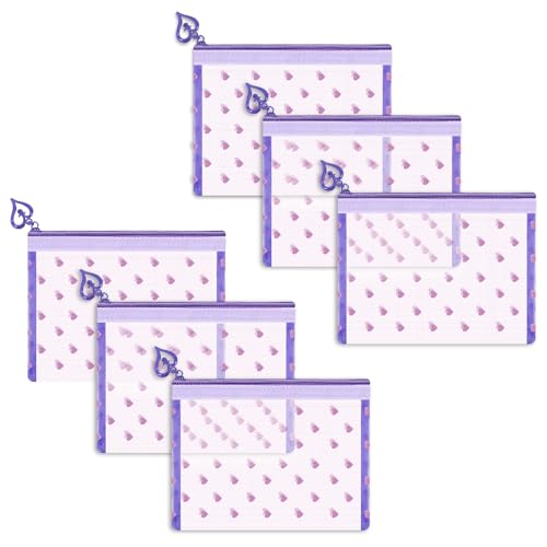 6 Pack Mini Zipper Mesh Makeup Bags, Heart Print Nylon Cosmetic Bags Toiletry Bags for Office Travel Organization (Purple, XS) - color: Purple, size: XS