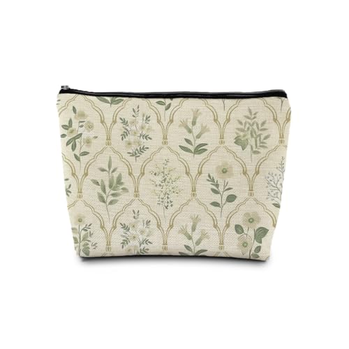Grandmillennial Vintage Floral Makeup Cosmetic Bag for Women, Sage Green and Blue Chinoiserie Flower Plant Botanical Portable Travel Toiletry Bag Zipper Makeup Pouch - color: Herbarium