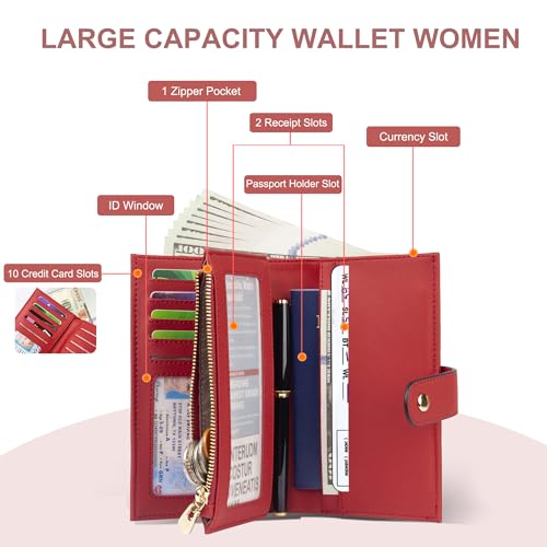 yiijay Womens Wallet RFID Blocking Leather Trifold Clutch Wallet Credit Card Holder Ladies Travel Wallet Purse with Pen Holder - color: 1Red