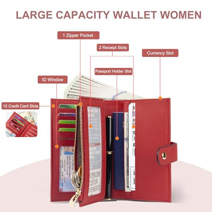 yiijay Womens Wallet RFID Blocking Leather Trifold Clutch Wallet Credit Card Holder Ladies Travel Wallet Purse with Pen Holder - color: 1Red