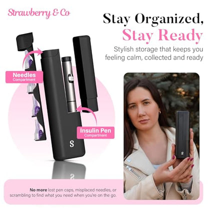 STRAWBERRY & CO Insulin Cooler Travel Case - Built-in Sharps Dispenser & Temperature-Control Organizer- TSA Approved Diabetic Pen Storage for Ozempic, Insulin Pens & Needles - Compact & Leak-Proof - color: Black
