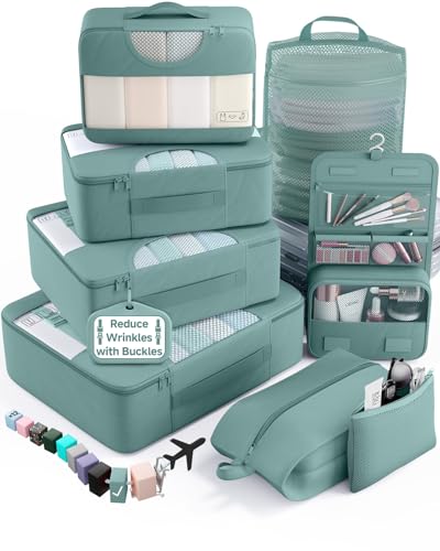 Veken 8 Set Packing Cubes for Travel Essentials,Anti-Wrinkle Buckled Suitcase Organizer for Shoe & Toiletry Bag,Carry On Luggage Bag for Airplane & College Dorm Room Accessories,Women Men Gifts - color: 15 Blue Gray