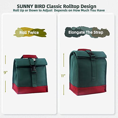 SUNNY BIRD Insulated Lunch Bag Rolltop Lunch Box Tote Lunchbox Bag for Women, Men, Adults and Teens (Green) - color: Green