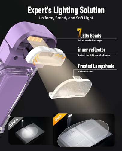 HIONXMGA Book Reading Light,Silent Touch Books Lamp for Reading in Bed,Rechargeable Clip on Booklight with 3 Amber Colors & 7 LEDs Precise Dimming for Eye Caring Night Reading,Book Lovers,Kids,Purple - color: Purple