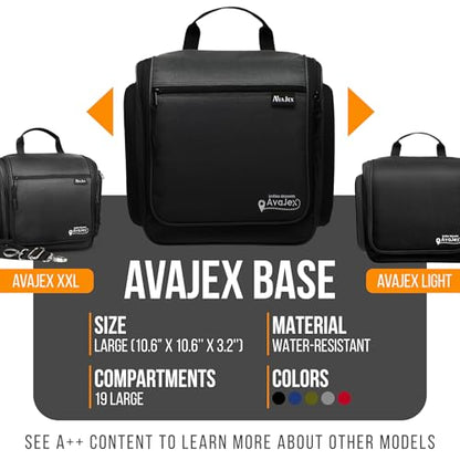 AvaJex Travel Toiletry Bag for Men - Large Dopp Kit (10.6"x10.6"x3.2") - Hanging Waterproof Mens Hygiene Organizer Bag with XXL Metal Swivel Hook, Sturdy Zippers and 19 Compartments for Toiletries - color: L Jet Black