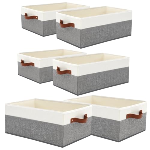 6 Pack Closet Storage Bins, Storage Baskets for Shelves, Linen Closet Organizers and Storage with Leather Handles for Clothes,Towels, Sheets, Jeans, Toys, Books (Grey and White) - style: 6 Pack Grey & White