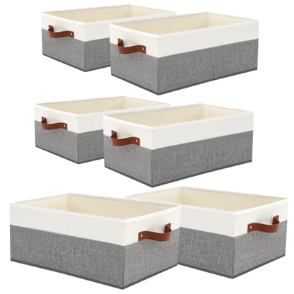 6 Pack Closet Storage Bins, Storage Baskets for Shelves, Linen Closet Organizers and Storage with Leather Handles for Clothes,Towels, Sheets, Jeans, Toys, Books (Grey and White) - style: 6 Pack Grey & White