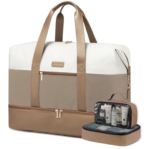 LOVEVOOK Weekender Bag for Women, Large Duffle Bag for Travel with 2 Packing Cubes, Carry on Overnight Bag with Shoe Compartment, Mom Hospital Bags for Labor and Delivery - color: Khaki-Off white, size: 56L-3Pcs