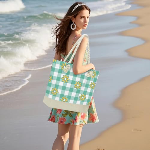 Fokongna Tote Bag For Women, Beach Bag Best Friend Travel Birthday Gifts, Travel Parties Vacation Shopping Essentials - color: Daisy Green Gingham