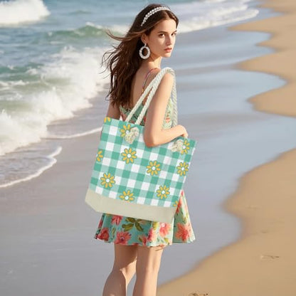 Fokongna Tote Bag For Women, Beach Bag Best Friend Travel Birthday Gifts, Travel Parties Vacation Shopping Essentials - color: Daisy Green Gingham