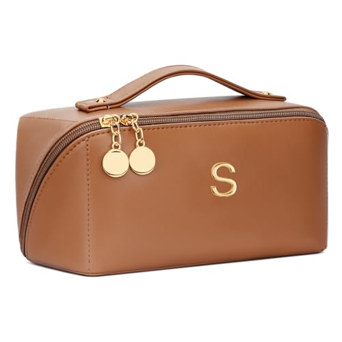 Initial Makeup Bag Gifts for Women Bridesmaid Gifts Travel Toiletry Personalized PU Leather Waterproof Cosmetic Bag (Medium-Brown-S) - color: MediumBrown, style: S