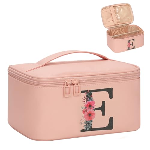 OCHEAL Initial Makeup Bag,Monogram Make up Bag Pink Travel Makeup Organizer Case Beauty Toiletry Cosmetic Bag with Brush Holder, Trendy Stuff Personalized Gifts for Women and Girls-E - color: Pink, style: E