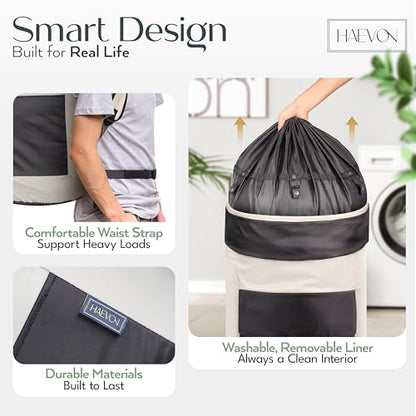 Haevon Laundry Backpack - 131L Heavy Duty Laundry Bag with Padded Shoulder & Waist Straps, Removable Liner College, Dorm, Apartment, Travel, Outdoor - Big Laundry Bag for Easy Carrying (Grey Black) - color: Gray and Black