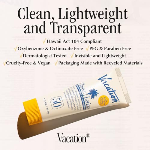 Vacation Mini Classic SPF 50 Sunscreen Lotion, 1 Fluid Ounce, Pack of 12 - Bulk Sunscreen, Invisible, No White Cast, Water-Resistant, Travel Size, Dermatologist-Tested, Vegan - size: 1 Fl Oz (Pack of 12), style: SPF 50