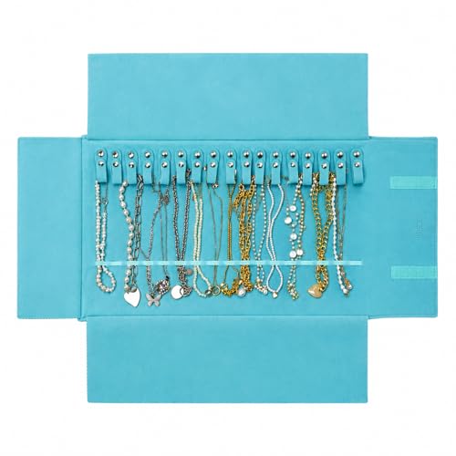 UnionPlus Velvet Travel Jewelry Roll Bag Organizer for Necklace, Elastic Band and Anti-winding, River Blue - color: River Blue, size: Medium