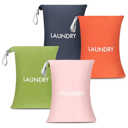 WiseBoy 4 Pack Laundry Bags, Travel Laundry Bag for Dirty Clothes, Washable Nylon Wet Dry Bag, Swimming Yoga Bathing Suit Workout Wet Dry Bags - color: Navy Blue/Orange/Green/Pink