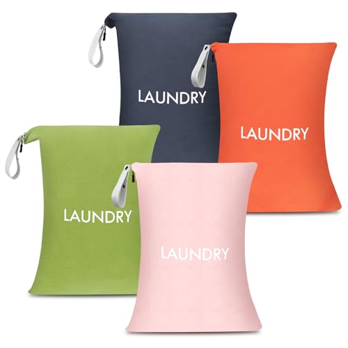 WiseBoy 4 Pack Laundry Bags, Travel Laundry Bag for Dirty Clothes, Washable Nylon Wet Dry Bag, Swimming Yoga Bathing Suit Workout Wet Dry Bags - color: Navy Blue/Orange/Green/Pink