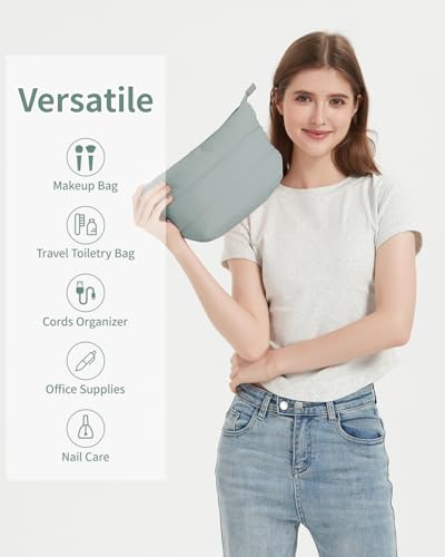 Narwey Travel Makeup Bag for Women Girl, Puffer Makeup Up Organizer Bag Cosmetic Bag, Puffy Cute Makeup Pouch Purse, Travel Toiletry Bag (Sage Green) - color: Green