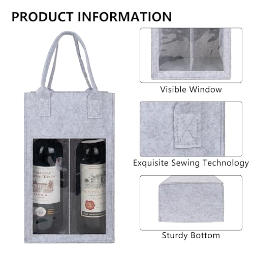 Kingshion Felt 2 Wine Bottle Carrier Bag with Handle, 2 Compartments Wine Bottle Storage Holder, Reusable Travel Carry Bag (Light Grey)