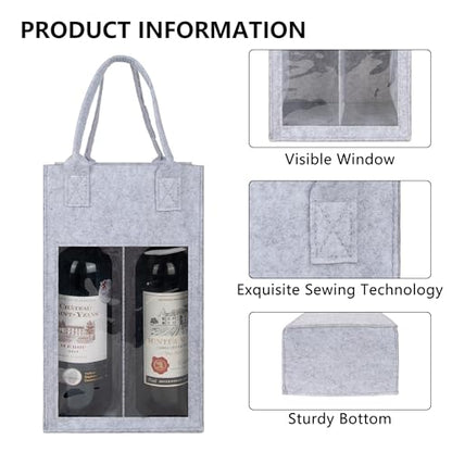 Kingshion Felt 2 Wine Bottle Carrier Bag with Handle, 2 Compartments Wine Bottle Storage Holder, Reusable Travel Carry Bag (Light Grey)