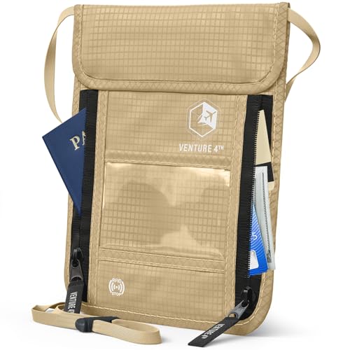 VENTURE 4TH Neck Wallet – RFID Blocking Passport Holder for Travel, Hidden Passport Wallet, Concealed Travel Wallet for Women, Men & Family (Beige) - color: Beige