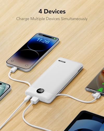 VRURC Portable Charger with Cables and Wall Plug | Power Bank with Cords | 10000mAh Portable Charger with AC Plug | External Battery Pack (Pure White) - color: White
