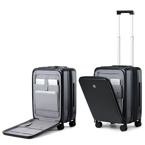 Hanke Grace Expandable Carry On Luggage with Wheels Airline Approved Hard Shell Suitcases with Front Pocket，Top Opening Luggage with TSA Lock for Short Business Travel, Jet Black. - color: Jet Black, size: 20 Inch Expandable