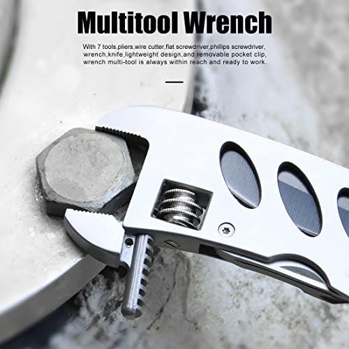 Multitool Wrench With 7 Tools/Pliers/Wire Cutter/Flat Screwdriver/Phillips Screwdriver/Portable Folding Multifunctional Adjustable Multi Purpose Stainless Steel Tool - color: Silver