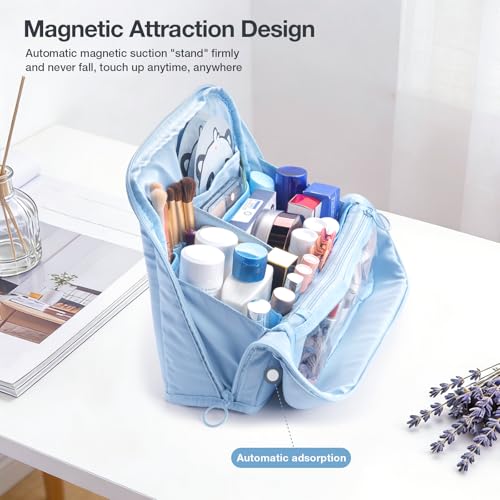 Abiudeng Standing Travel Makeup Bag Stand up Make up Bag Travel Toiletry Bag with Multiple Compartments Large Capacity for Women Business Trips Fitness and Daily Commutes(blue) - color: Blue