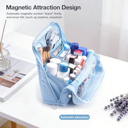 Abiudeng Standing Travel Makeup Bag Stand up Make up Bag Travel Toiletry Bag with Multiple Compartments Large Capacity for Women Business Trips Fitness and Daily Commutes(blue) - color: Blue