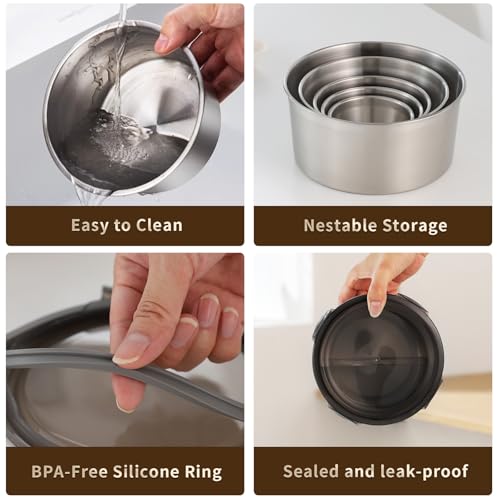 316L Stainless Steel Food Storage Containers with Lids, 11.5oz/20oz 34oz/71oz Airtight Metal Meal Prep Containers,Bento Lunch Box for Kitchen, Picnic & Camping（340 ml/600 ml/1000 ml/2100 ml）