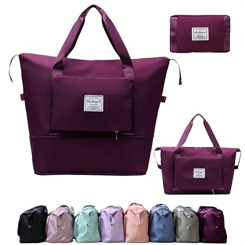 Large Capacity Foldable Travel Bag, Expandable lightweight Carry on Bag, Dry with Wet Separation Spor Duffel Bags (Fuchsia) - color: Fuchsia