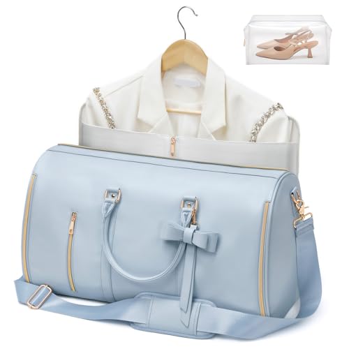 Travel Duffel Bag, Convertible Travel Garment Bag for Women, Fashion & Cute Carry On Duffle Bag w/Shoes Pouch, 2 in 1 Foldable PU Leather Hanging Duffle Bag, Single-Zipper Design, Blue - color: Light Blue