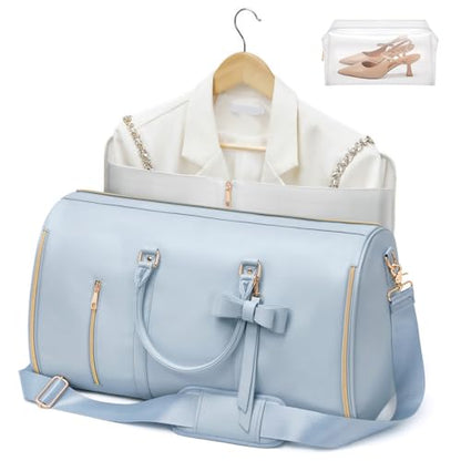 Travel Duffel Bag, Convertible Travel Garment Bag for Women, Fashion & Cute Carry On Duffle Bag w/Shoes Pouch, 2 in 1 Foldable PU Leather Hanging Duffle Bag, Single-Zipper Design, Blue - color: Light Blue