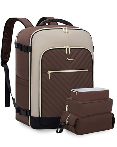 LOVEVOOK Large Travel Backpack for Women, TSA Carry on Backpack for Airplanes, 50L Personal Item Travel Bag for Women fits 17" Laptop,Waterproof Carry on Bag Airplane Approved with 3 Packing Cubes - color: Dark Coffee - Abricot - Black, size: 50L-4Pcs