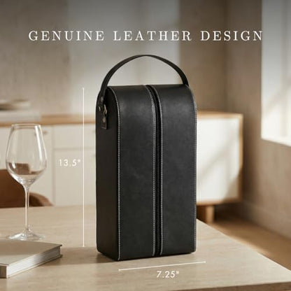 Bey-Berk Genuine Leather Two-Bottle Wine Caddy with Bar Tool (Black), Zippered Travel Case with Strap Handle for Wine Transport and Gifting - color: Black