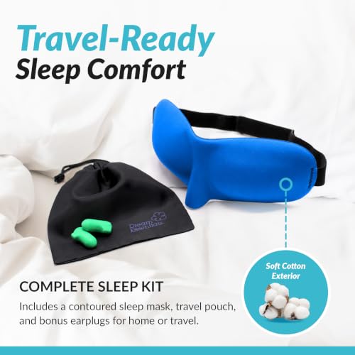 Dream Essentials Sweet Dreams Contoured Sleep Mask Kit, Royal Blue Eye Mask for Sleeping with Travel Pouch, Earplugs, Lash Space, Quick Release Strap, Light Blocking Travel Accessories Gift Set - color: Royal Blue
