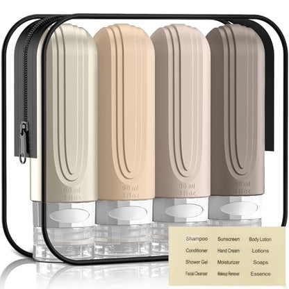 Travel Bottles for Toiletries, 3oz TSA Approved Travel Size Toiletries, Silicone Leak-Proof Refillable Containers, Squeezable Liquid Essentials Bottles W/Clear Bag (CREAM) - color: CREAM