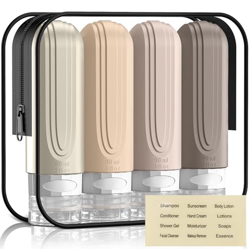 Travel Bottles for Toiletries, 3oz TSA Approved Travel Size Toiletries, Silicone Leak-Proof Refillable Containers, Squeezable Liquid Essentials Bottles W/Clear Bag (CREAM) - color: CREAM