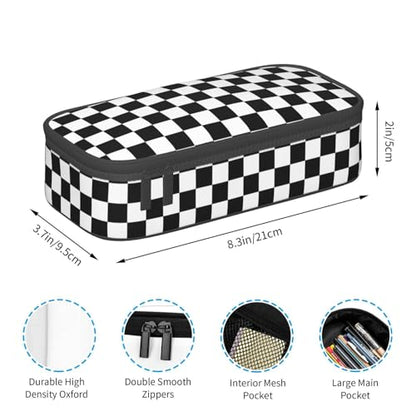 Perinsto Black And White Checkered Pencil Case Big Capacity Multi Compartment Stationery Box Racing Checkerboard Pencil Pouch Holder Desk Organizer For School Office Home - color: Black And White Checkered