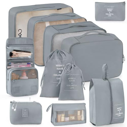Anjing Packing Cubes for Suitcase 11PCS Luggage Packing Organizers Travel Essentials Luggage Organizer Hooked Toiletry Bag Cosmetic Bag and Shoes Bag, Gray - color: Grey-11pcs