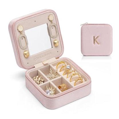 VLANDO Small Travel Jewelry Box Organizer Display Case for Rings Earrings Necklaces Storage, Selected Soft Velvet, Letter K Engraved, Pink - color: b. Powder Pink K