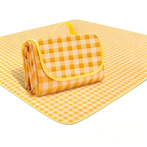 Loulangems Extra Large 2m x 2m Orange Plaid Picnic Mat, Sandproof Waterproof Outdoor Blanket, Orange Plaid Picnic Blanket for Campin and Hiking, Machine Washable