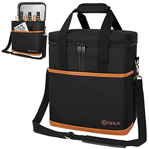 opux 6 Bottle Carrier Tote | Insulated Padded Wine Cooler Bag for Travel. Picnic, BYOB | Portable Leakproof Wine Tote Bag for Dinner, Party, Christmas, Wine Gift for Women, Men (Brown) - color: Brown, size: 6 Bottle