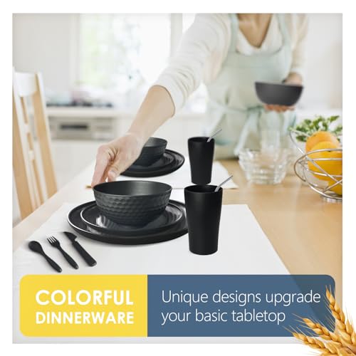 Teivio 32-Piece With Flatware Kitchen Plastic Wheat Straw Dinnerware Set, Service for 8, Dinner Plates, Dessert Plate, Cereal Bowls, Cups, Unbreakable Plastic Outdoor Camping Dishes, Gray Ombre - color: Flatware Gray Ombre