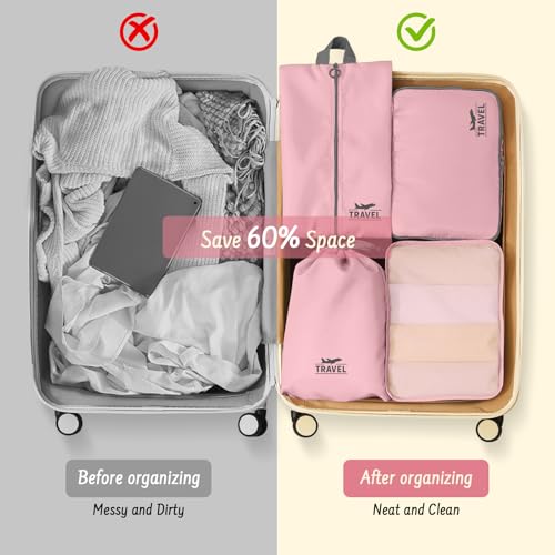 Packing Cubes for Travel - 8 Set Luggage Organizer Bags for Family, Mesh Breathable Packing Cubes for Suitcases Durable Travel Essentials Bags Set - color: Gray Pink