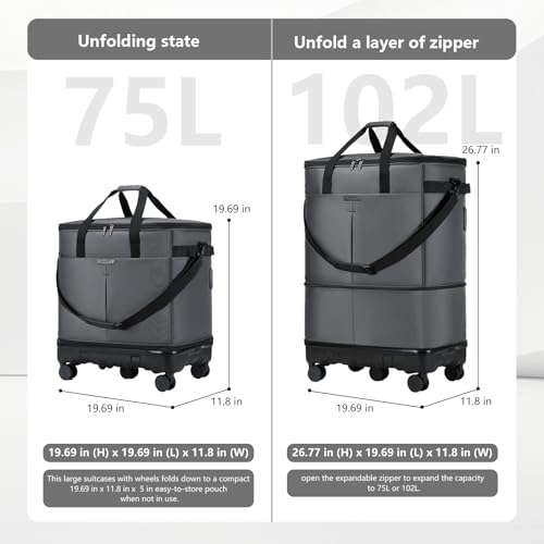 Large Capacity Rolling Duffle Bag with Detachable Wheels,Expandable Foldable Suitcase for Travel,Collapsible Luggage Duffel Overnight Weekend Bags without Telescoping Handle - color: Grey