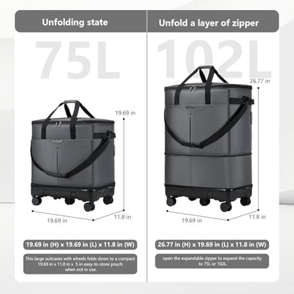 Large Capacity Rolling Duffle Bag with Detachable Wheels,Expandable Foldable Suitcase for Travel,Collapsible Luggage Duffel Overnight Weekend Bags without Telescoping Handle - color: Grey