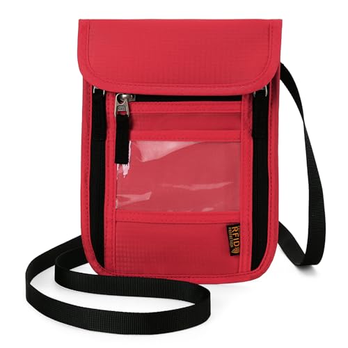 Passport Holder Neck Wallet RFID Blocking Passport Holder Multifunctional Document Organizer Travel Wallet for Men and Women - color: Bright Red